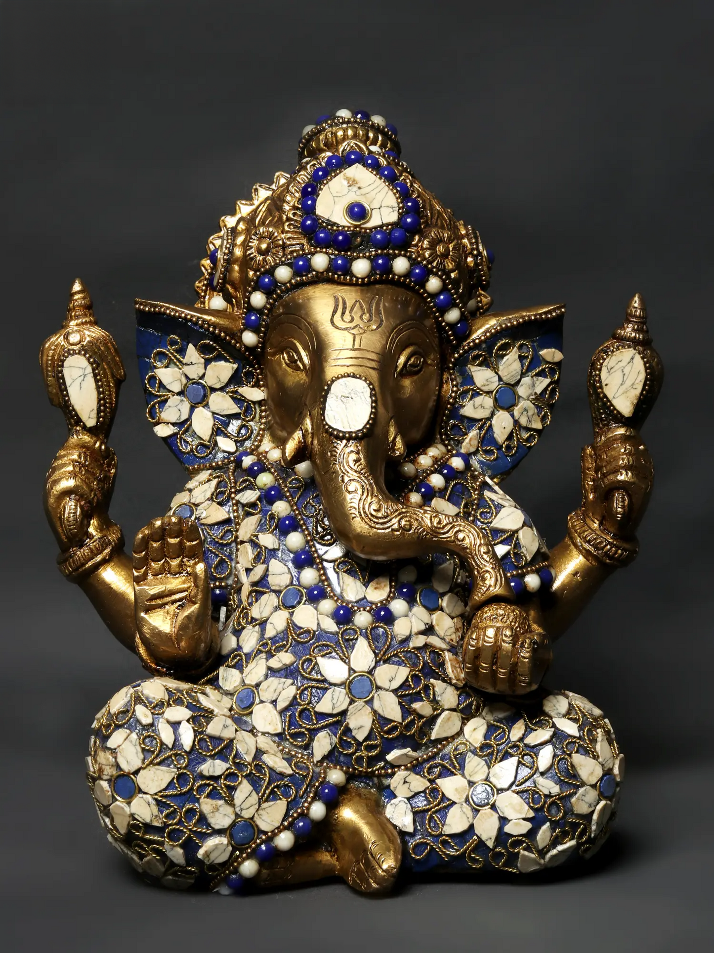 Brassaura™ Blessing Lord Ganesha Brass Idol with Inlay Work | Height 9 Inches & Weight 4.33 kgs
