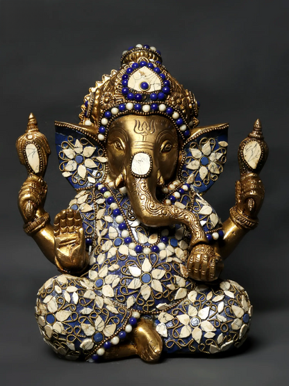 Brassaura™ Blessing Lord Ganesha Brass Idol with Inlay Work | Height 9 Inches & Weight 4.33 kgs