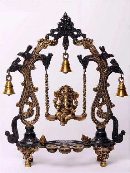Brassaura™ Brass Lord Ganesha on Kirtimukha Swing with Dangling Bells | Height 14 Inches & Weight 2.82 kgs