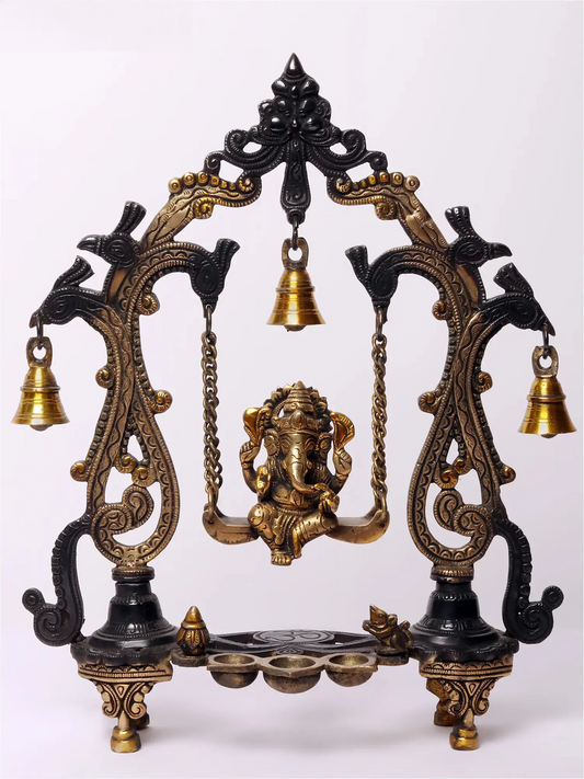 Brassaura™ Brass Lord Ganesha on Kirtimukha Swing with Dangling Bells | Height 14 Inches & Weight 2.82 kgs