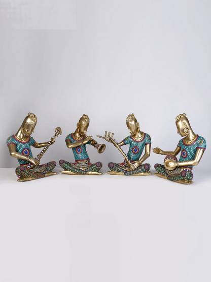 Brassaura® Set of 4 Musical Lady Figurines with Inlay Work | Pure Brass | Height 18 Inches & Weight 55.45 kgs