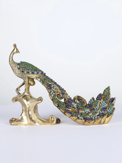 Brassaura® Brass Peacock Decorative Statue with Inlay Work | Pure Brass | Height 8.3 Inches & Weight 2.80 kgs