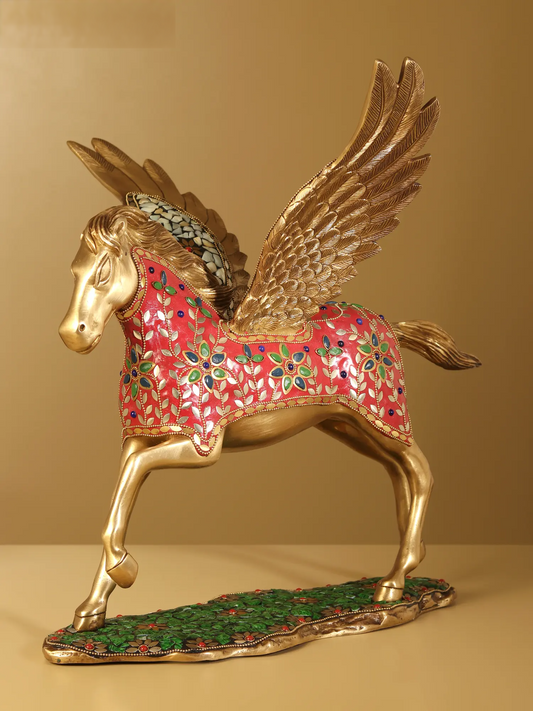 Brassaura® Pegasus Winged Horse Brass Sculpture with Inlay Work | Pure Brass | Height 16.5 Inches & Weight 10 kgs