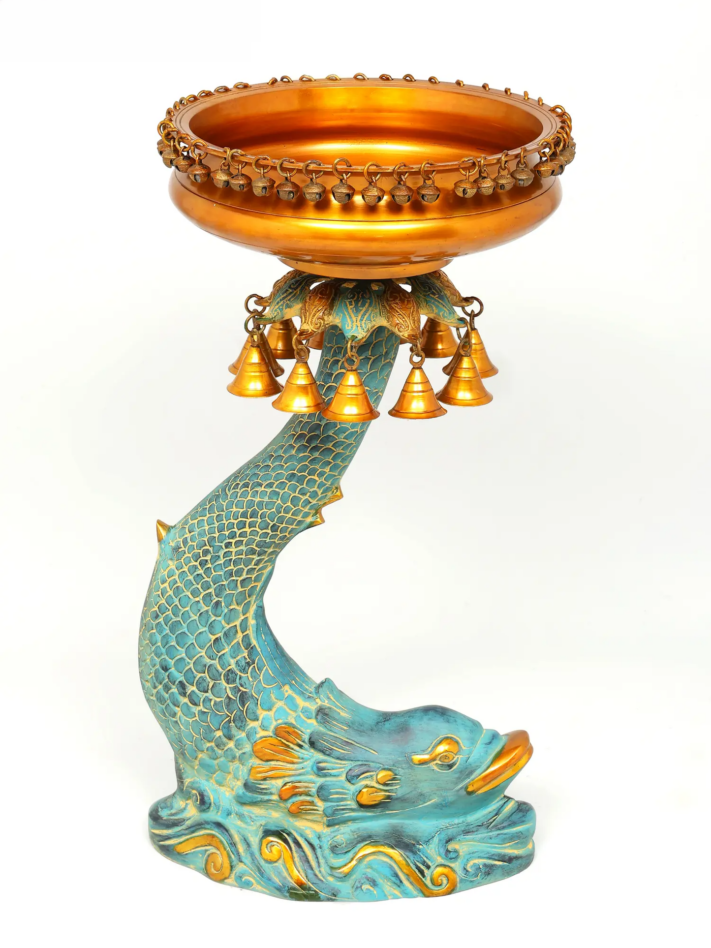 ब्रैसौरा® कोई फिश ब्रास उर्ली हैंगिंग बेल्स के साथ | शुद्ध पीतल | ऊंचाई 24 इंच और वज़न 15.60 किलोग्राम