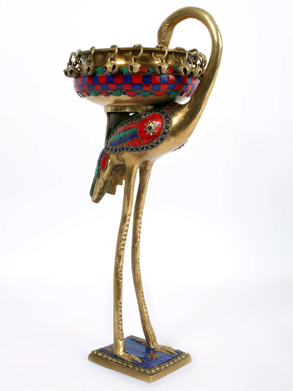 ब्रासौर® फ्लेमिंगो ब्रास उर्ली, मल्टीकलर इनले वर्क और हैंगिंग बेल्स के साथ | शुद्ध पीतल | ऊंचाई 17 इंच और वज़न 2.91 किलोग्राम