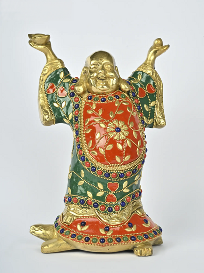 Brassaura® Laughing Buddha Brass Statue with Inlay Work | Pure Brass | Height 8.5 Inches & Weight 2.65 kgs