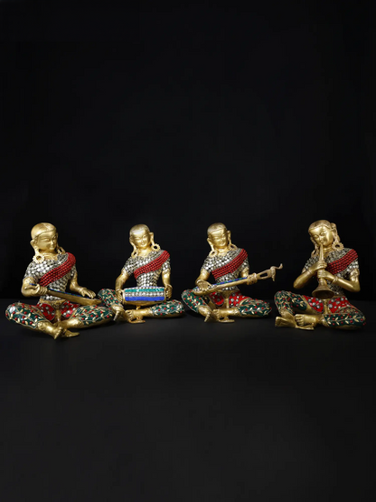 Brassaura® Brass Musical Monk Figurine Set with Inlay Work | Pure Brass | Height 8.5 Inches & Weight 18.65 kgs