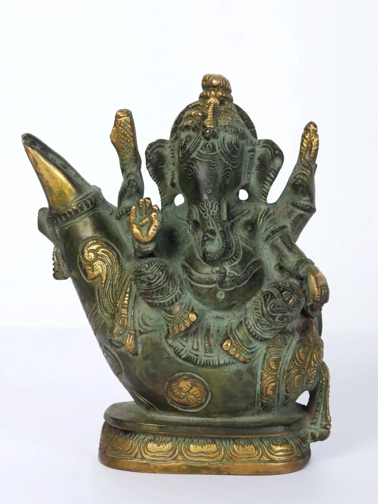 Brassaura™ Brass Lord Ganesha Idol with Decorative Backrest | Height 7 Inches & Weight 2.32 kgs