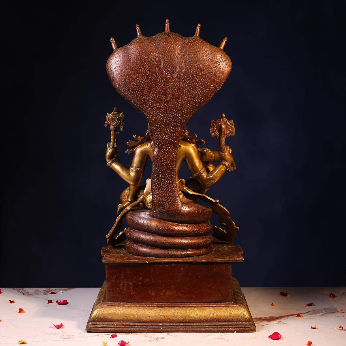 Brassaura® Lord Vishnu Sitting on Sheshnag Idol with Antique Finish | Pure Superfine Brass Handcrafted Murti | Brass Statue for Home Temple, Pooja Room | Height 28 Inches | Weight 35.5 Kgs