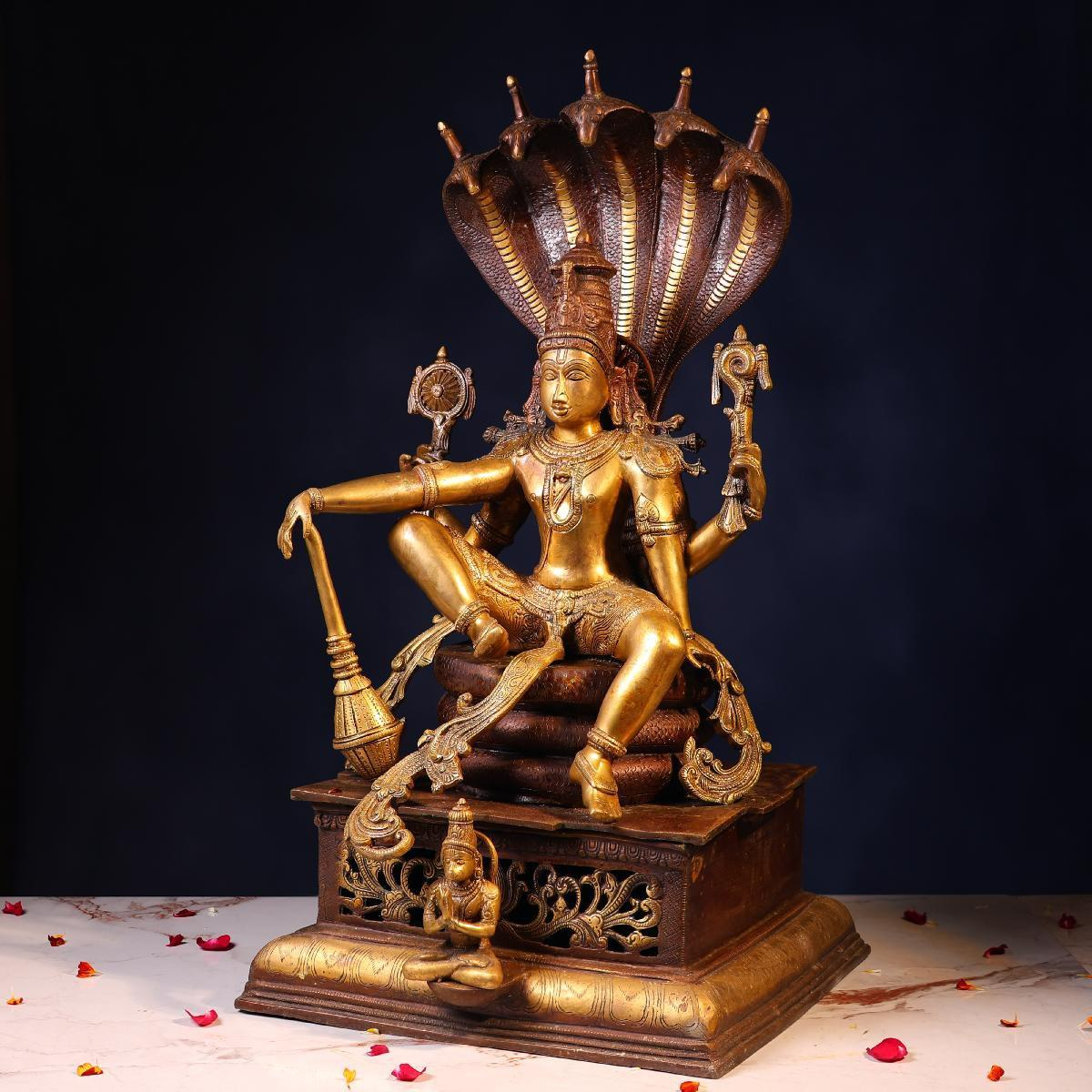 Brassaura® Lord Vishnu Sitting on Sheshnag Idol with Antique Finish | Pure Superfine Brass Handcrafted Murti | Brass Statue for Home Temple, Pooja Room | Height 28 Inches | Weight 35.5 Kgs