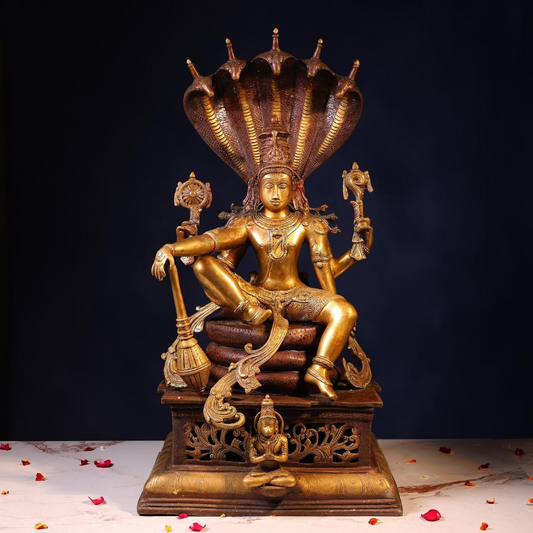 Brassaura® Lord Vishnu Sitting on Sheshnag Idol with Antique Finish | Pure Superfine Brass Handcrafted Murti | Brass Statue for Home Temple, Pooja Room | Height 28 Inches | Weight 35.5 Kgs