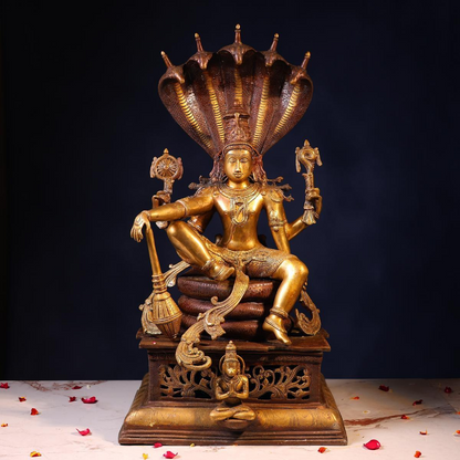 Brassaura® Lord Vishnu Sitting on Sheshnag Idol with Antique Finish | Pure Superfine Brass Handcrafted Murti | Brass Statue for Home Temple, Pooja Room | Height 28 Inches | Weight 35.5 Kgs