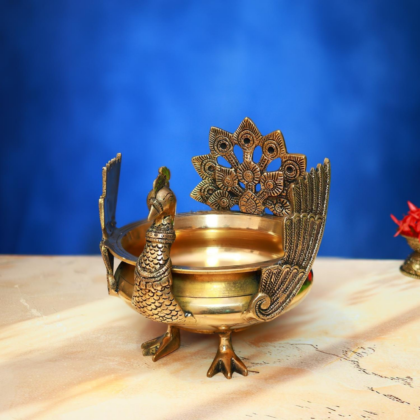 ANTIQUE BRASS URLI WITH PEACOCK 8.5 INCH BEAUTIFUL AND DECORATIVE ART STATUE