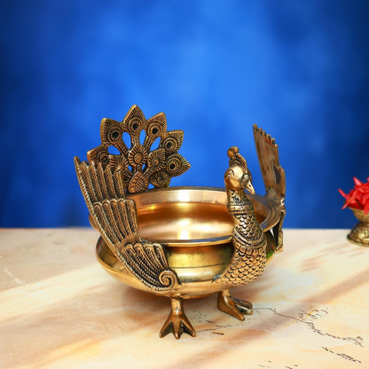 ANTIQUE BRASS URLI WITH PEACOCK 8.5 INCH BEAUTIFUL AND DECORATIVE ART STATUE