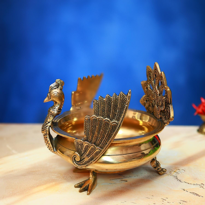 ANTIQUE BRASS URLI WITH PEACOCK 8.5 INCH BEAUTIFUL AND DECORATIVE ART STATUE