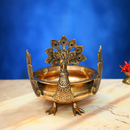 ANTIQUE BRASS URLI WITH PEACOCK 8.5 INCH BEAUTIFUL AND DECORATIVE ART STATUE