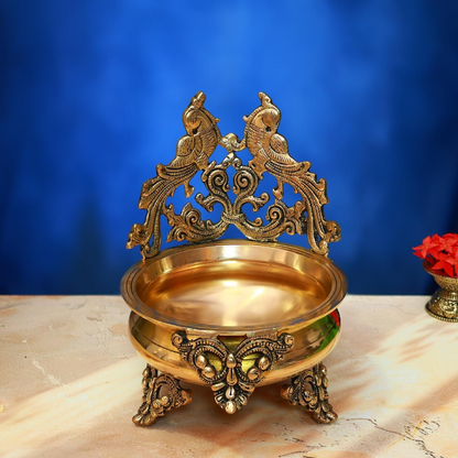ANTIQUE BRASS URLI WITH PARROT 10 INCH BEAUTIFUL AND DECORATIVE ART STATUE