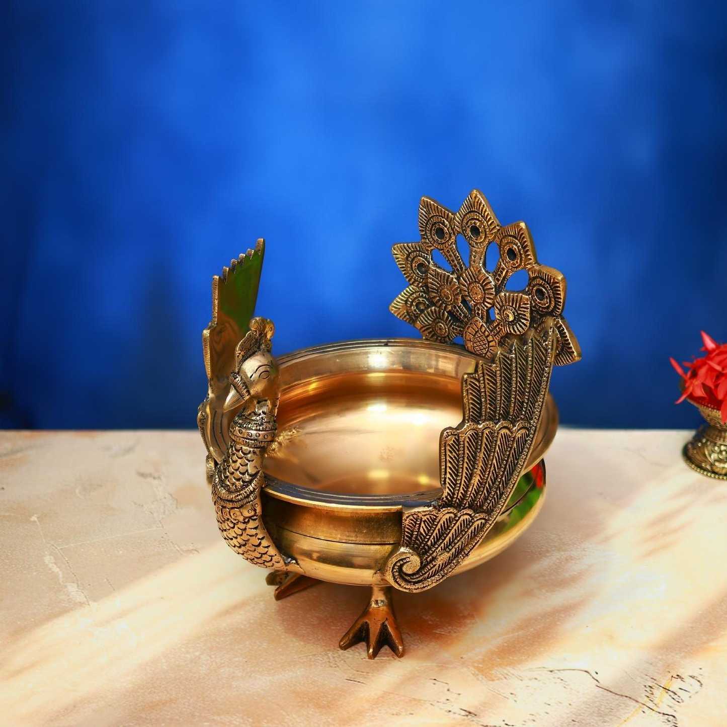 ANTIQUE BRASS URLI WITH PEACOCK 8.5 INCH BEAUTIFUL AND DECORATIVE ART STATUE