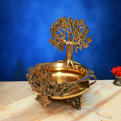 ANTIQUE BRASS URLI WITH TREE 13.5 INCH ELEGANT AND DECORATIVE ART STATUE