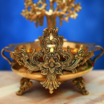 ANTIQUE BRASS URLI WITH TREE 13.5 INCH ELEGANT AND DECORATIVE ART STATUE