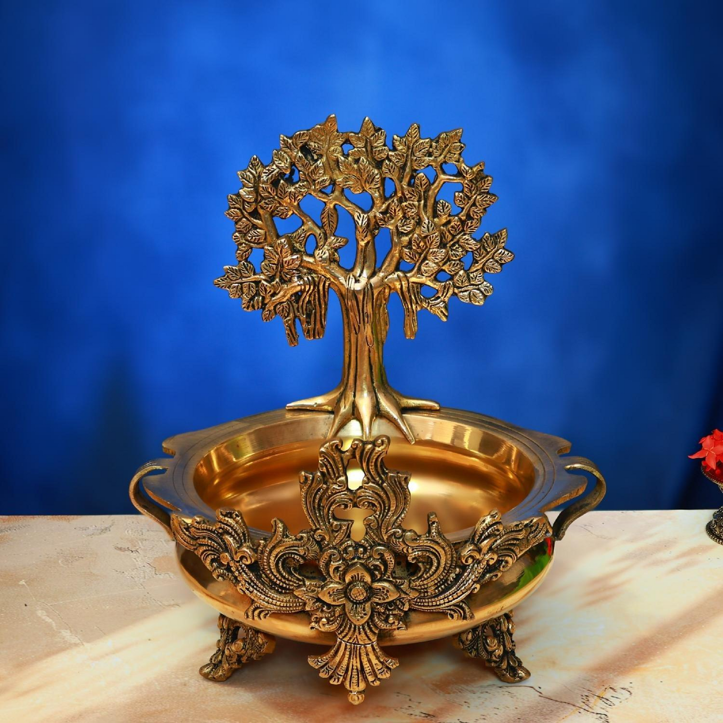 ANTIQUE BRASS URLI WITH TREE 13.5 INCH ELEGANT AND DECORATIVE ART STATUE