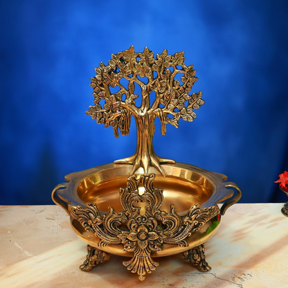 ANTIQUE BRASS URLI WITH TREE 13.5 INCH ELEGANT AND DECORATIVE ART STATUE