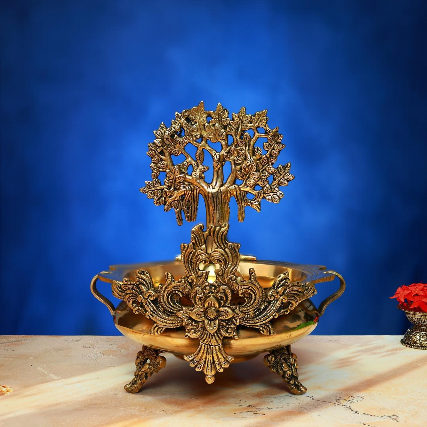 ANTIQUE BRASS URLI WITH TREE 13.5 INCH ELEGANT AND DECORATIVE ART STATUE