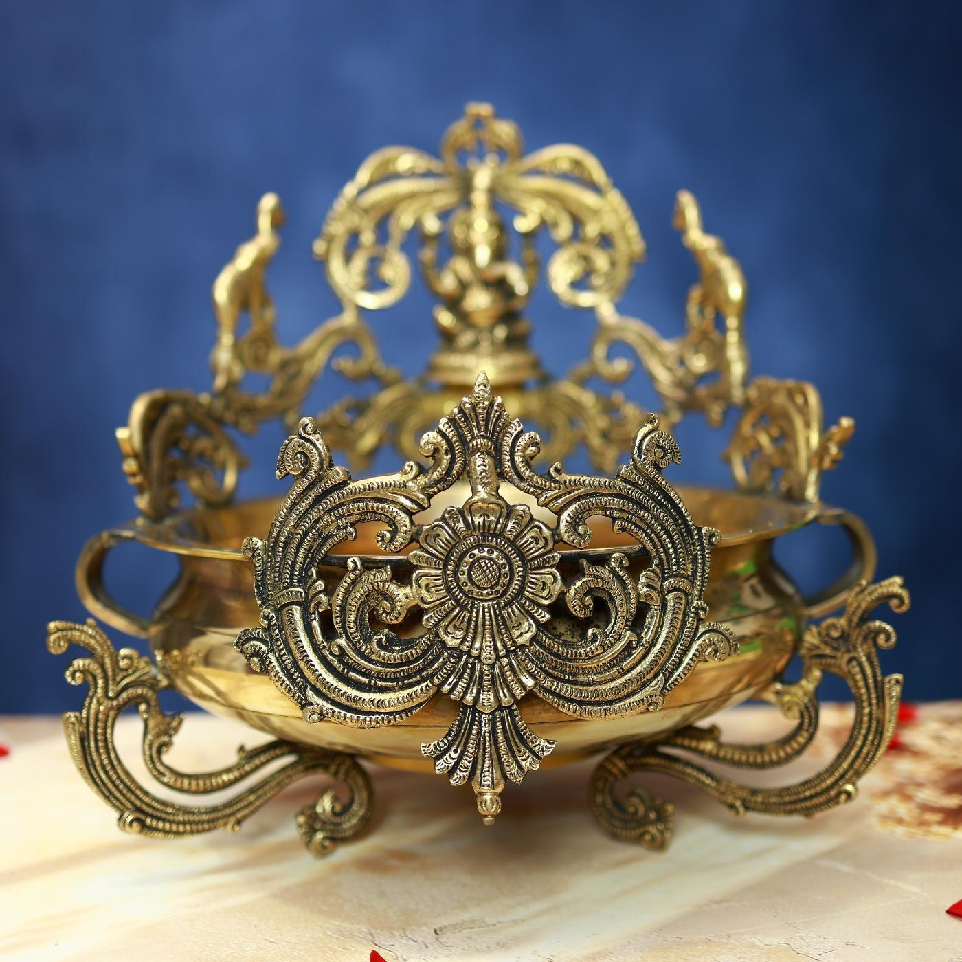 Brassaura® Antique Brass Urli with Lord Ganesha | Pure Brass | Height 16 Inches & Weight 13 kgs