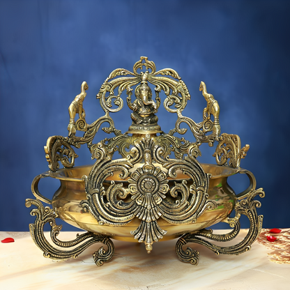 Brassaura® Antique Brass Urli with Lord Ganesha | Pure Brass | Height 16 Inches & Weight 13 kgs