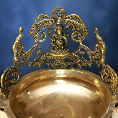 Brassaura® Antique Brass Urli with Lord Ganesha | Pure Brass | Height 16 Inches & Weight 13 kgs