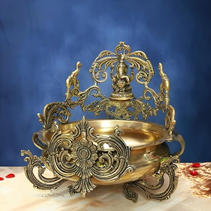 Brassaura® Antique Brass Urli with Lord Ganesha | Pure Brass | Height 16 Inches & Weight 13 kgs