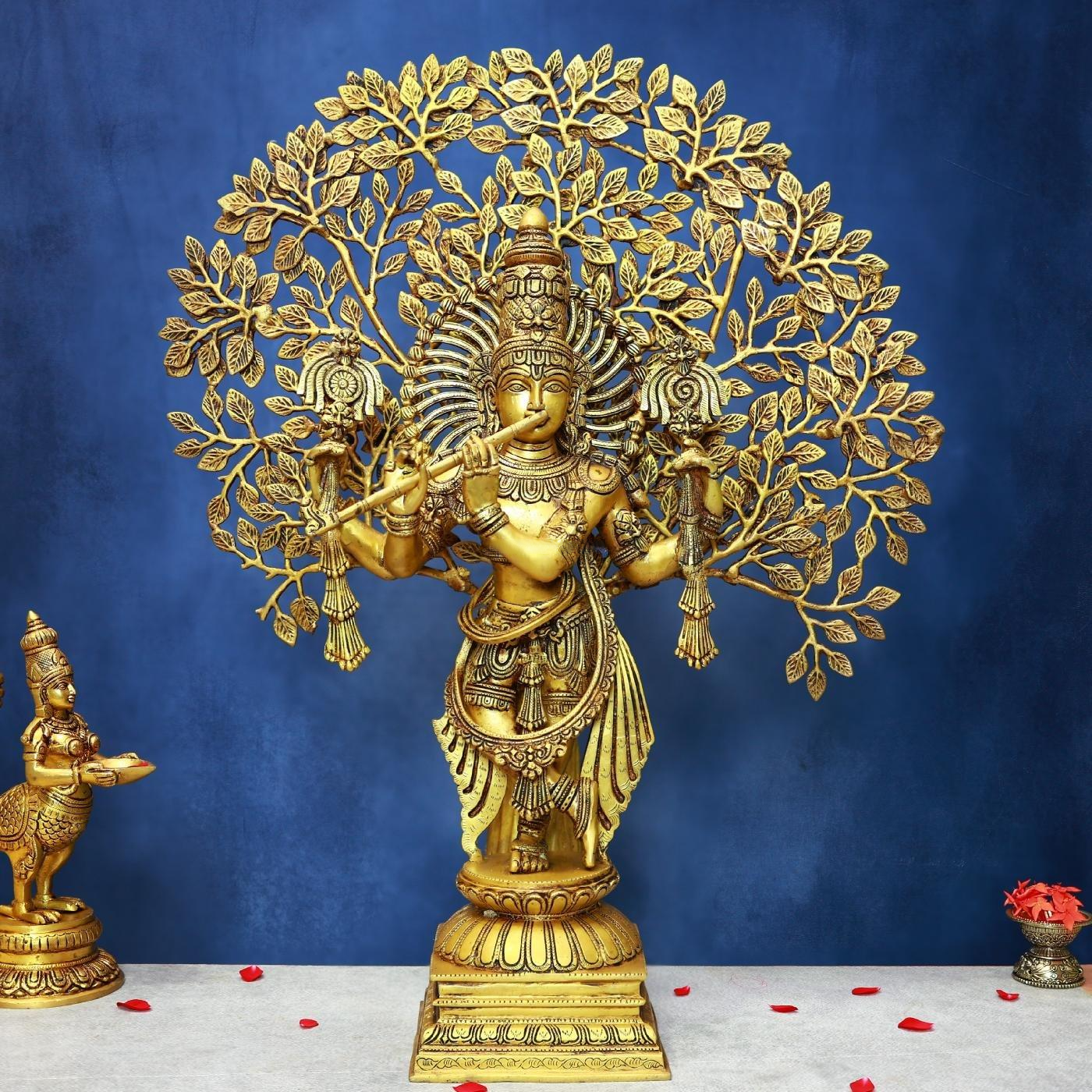 BRASS KRISHNA IDOL WITH TREE 29 INCH GRACEFUL AND BEAUTIFUL DECORATIVE STATUE