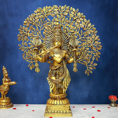 BRASS KRISHNA IDOL WITH TREE 29 INCH GRACEFUL AND BEAUTIFUL DECORATIVE STATUE