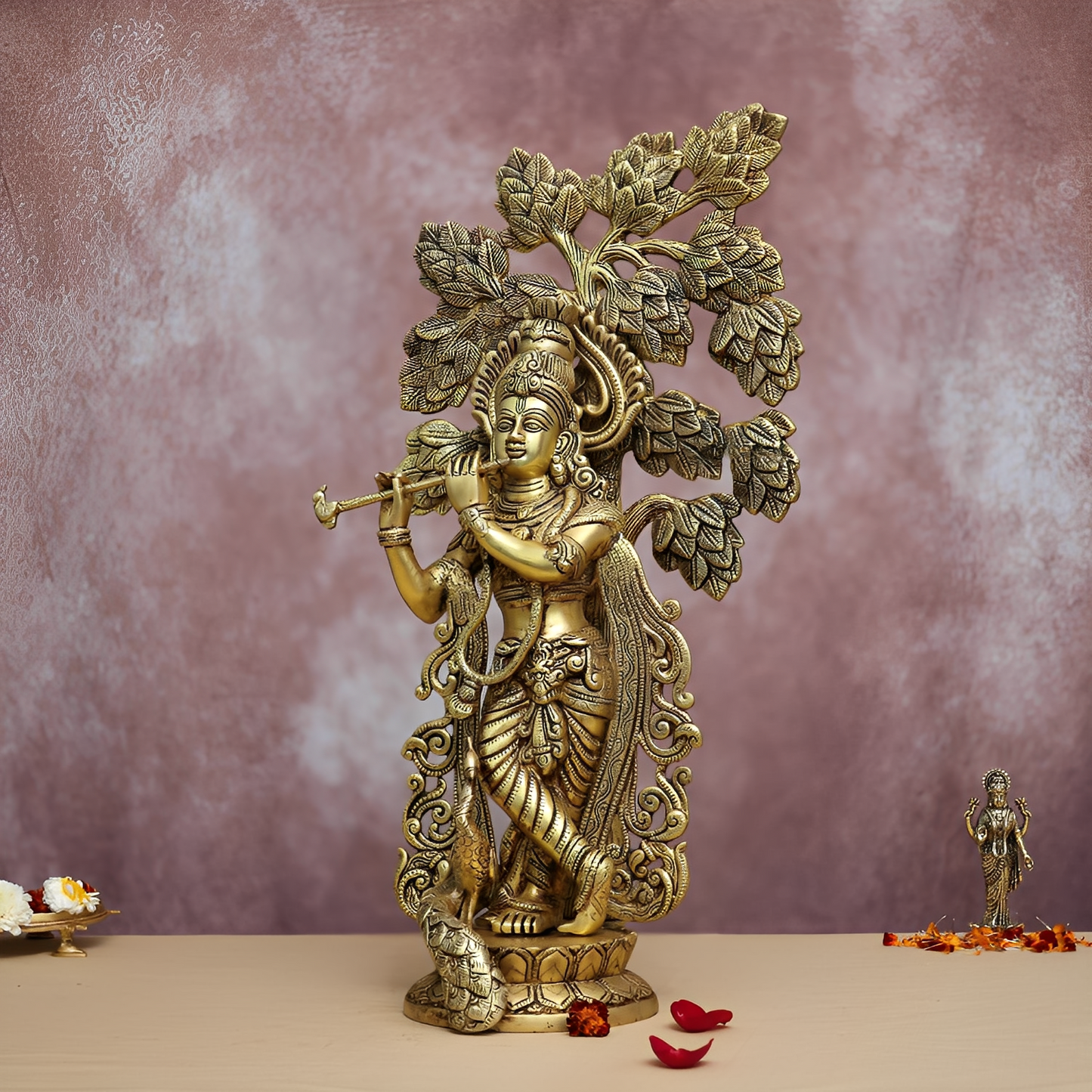 BRASS LORD KRISHNA IDOL WITH TREE 22.3 INCHES HEIGHT