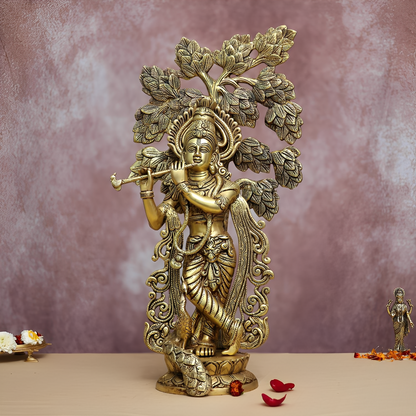 BRASS LORD KRISHNA IDOL WITH TREE 22.3 INCHES HEIGHT