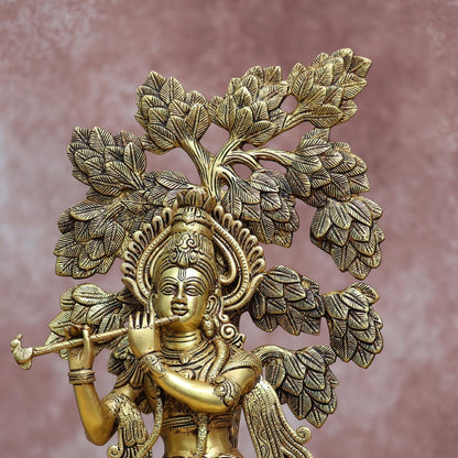BRASS LORD KRISHNA IDOL WITH TREE 22.3 INCHES HEIGHT