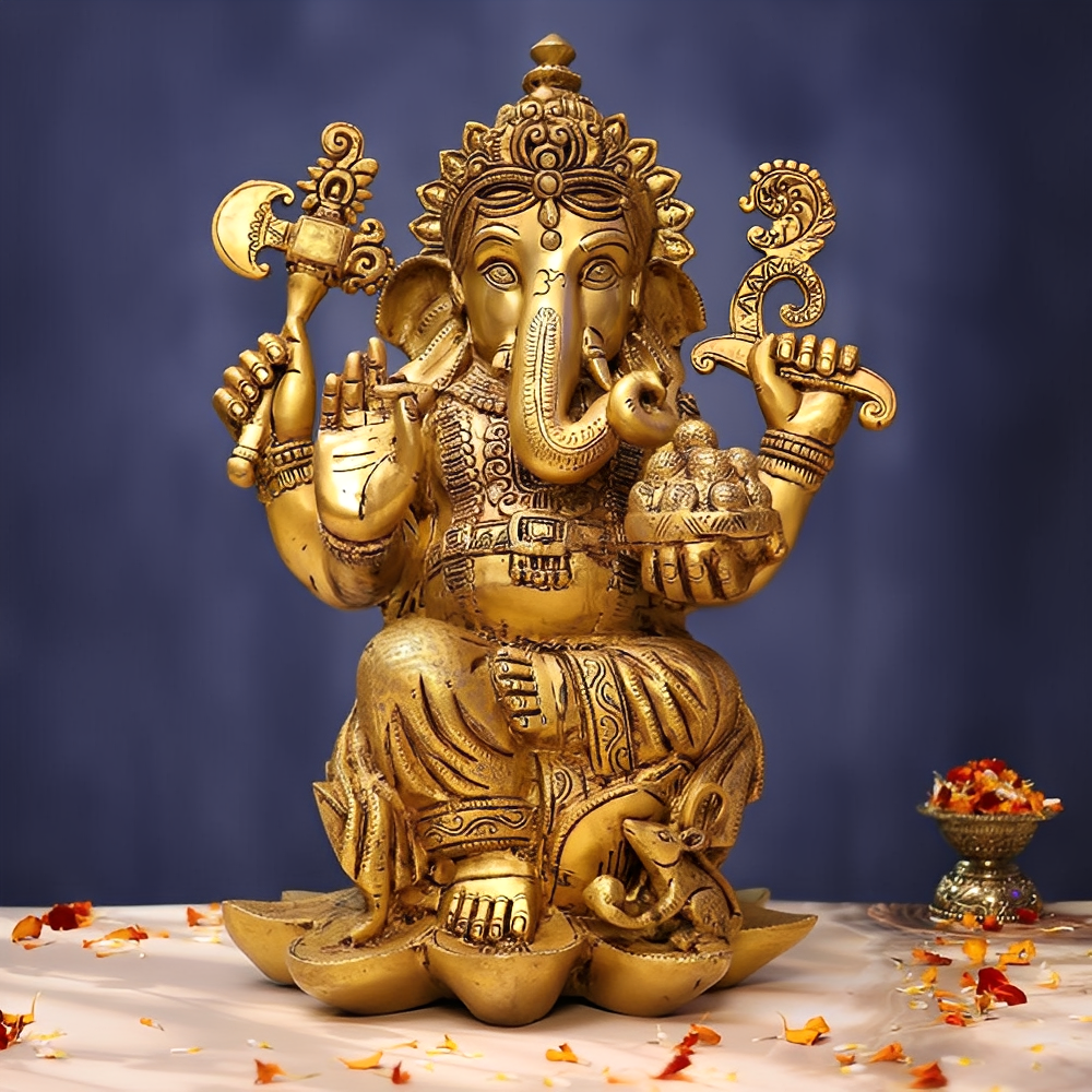 Brassaura® Lord Ganesha Sitting on Lotus Brass Idol | Pure Brass | Height 17 Inches & Weight 16.5 kgs