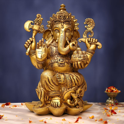 Brassaura® Lord Ganesha Sitting on Lotus Brass Idol | Pure Brass | Height 17 Inches & Weight 16.5 kgs