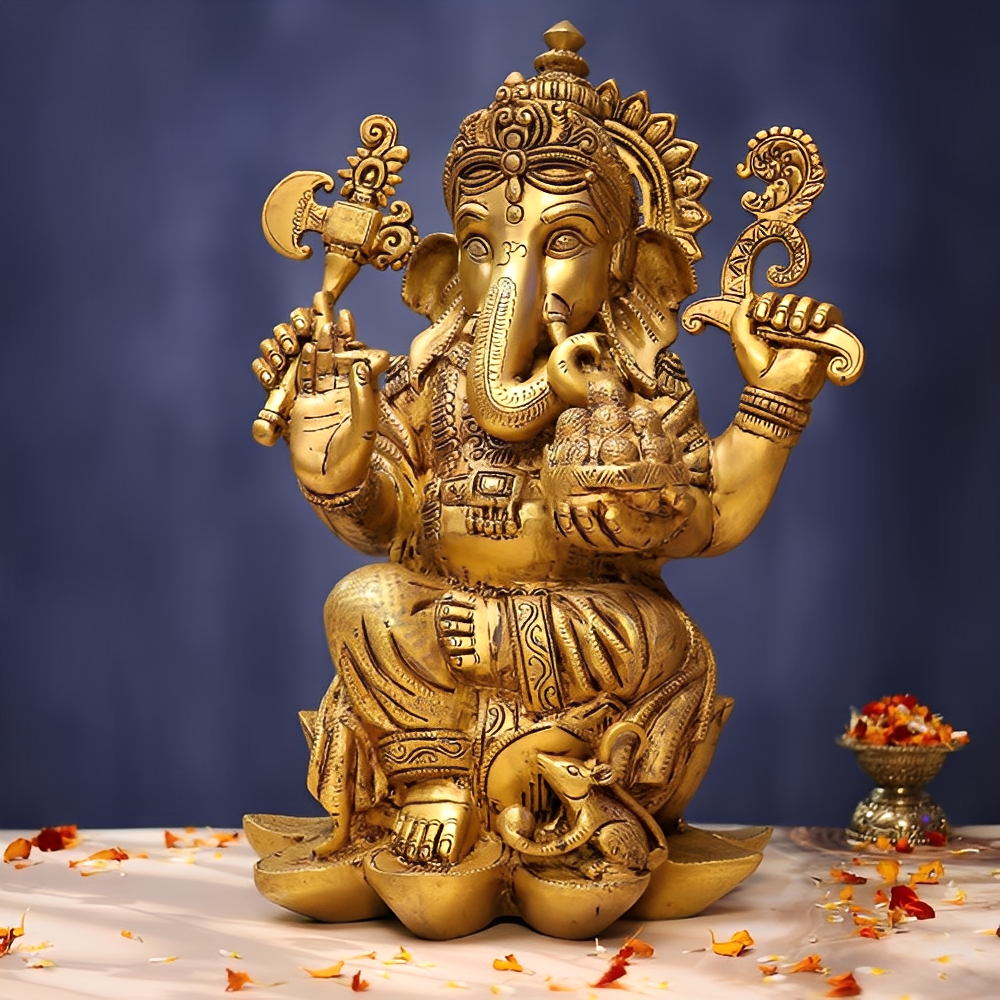 Brassaura® Lord Ganesha Sitting on Lotus Brass Idol | Pure Brass | Height 17 Inches & Weight 16.5 kgs