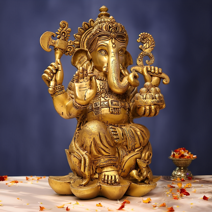Brassaura® Lord Ganesha Sitting on Lotus Brass Idol | Pure Brass | Height 17 Inches & Weight 16.5 kgs