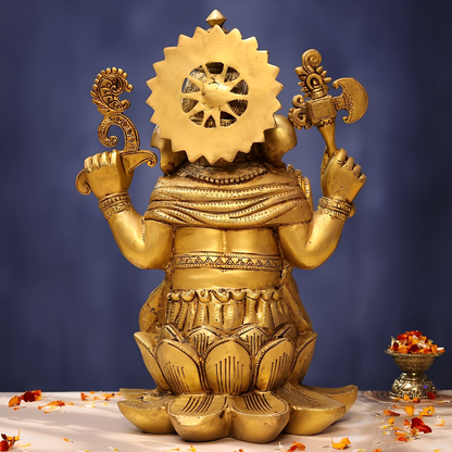 Brassaura® Lord Ganesha Sitting on Lotus Brass Idol | Pure Brass | Height 17 Inches & Weight 16.5 kgs
