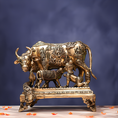 प्राचीन पीतल कामधेनु गाय कृष्ण मूर्ति के साथ 12 इंच ऊँचाई