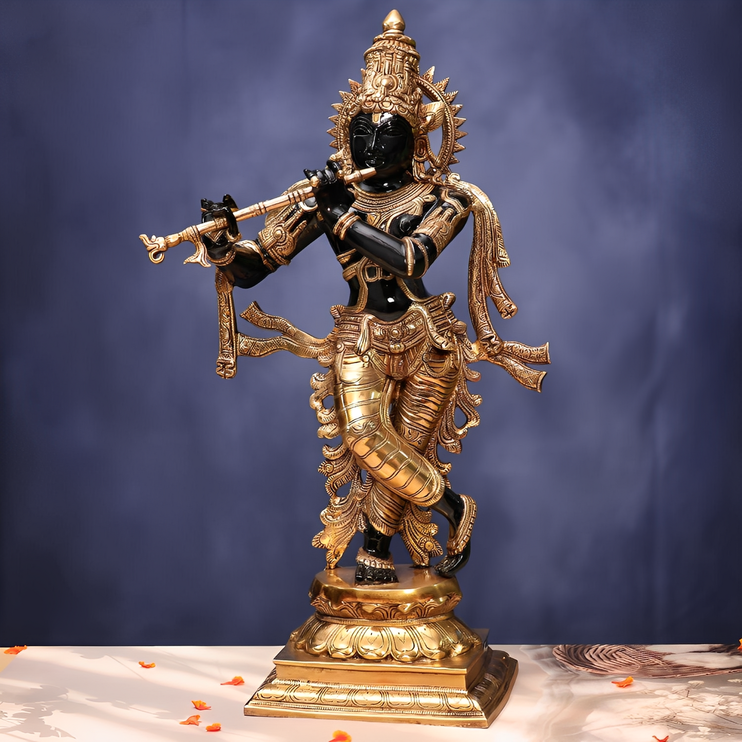 घर और सजावट के लिए एंटीक ब्रास कृष्ण प्रतिमा 25 इंच