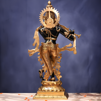 घर और सजावट के लिए एंटीक ब्रास कृष्ण प्रतिमा 25 इंच