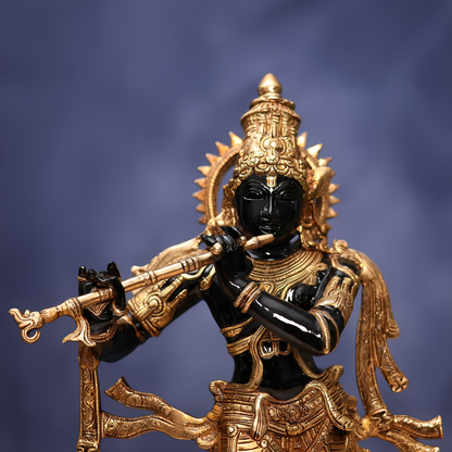 घर और सजावट के लिए एंटीक ब्रास कृष्ण प्रतिमा 25 इंच