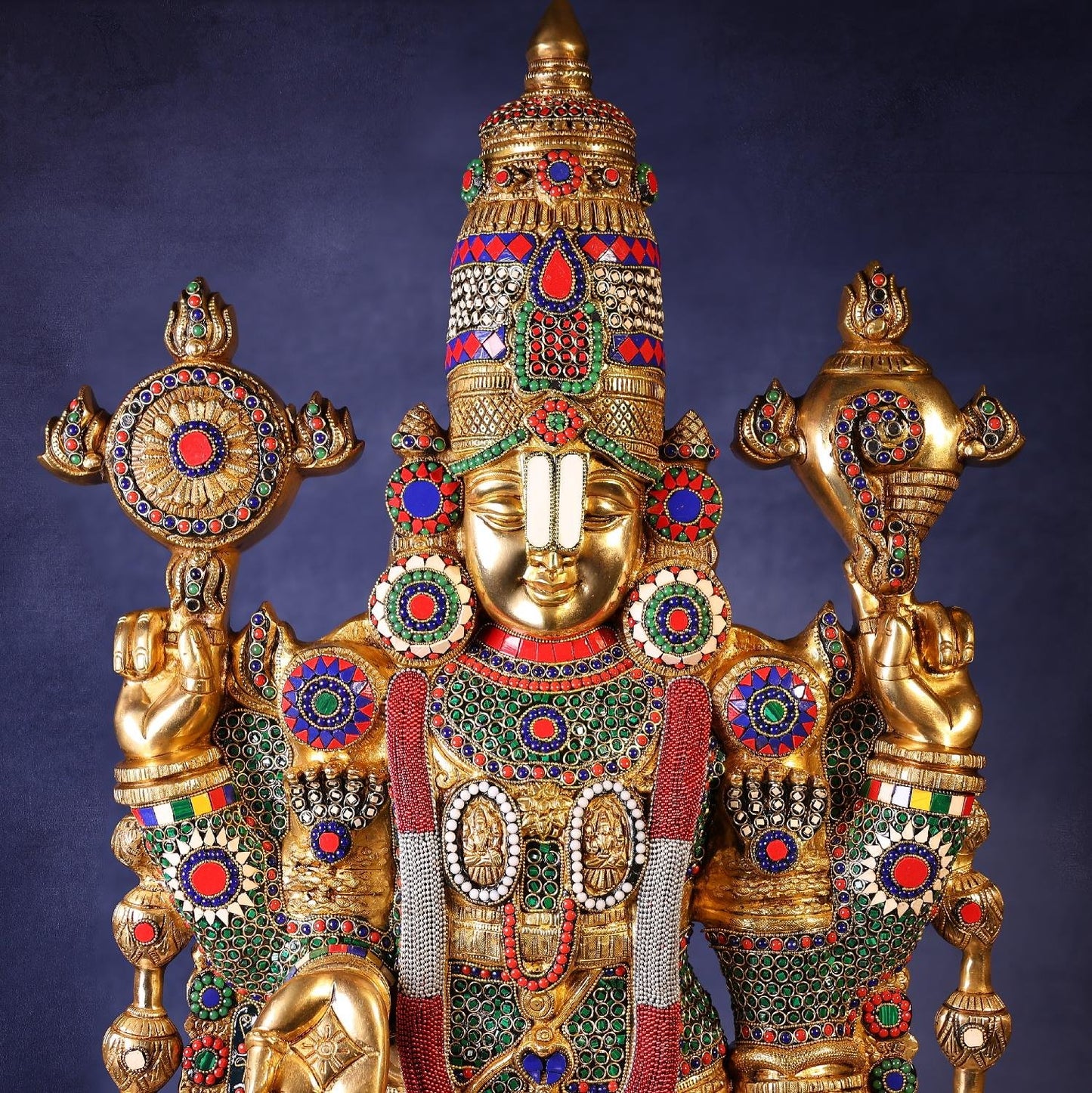 Brassaura® Venkateswara Swamy Standing Idol with Colourful Stone Finish | Pure Superfine Brass Handcrafted Murti | Brass Statue for Home Temple, Pooja Room | Height 48 Inches | Weight 49 Kgs