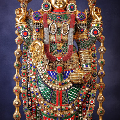 Brassaura® Venkateswara Swamy Standing Idol with Colourful Stone Finish | Pure Superfine Brass Handcrafted Murti | Brass Statue for Home Temple, Pooja Room | Height 48 Inches | Weight 49 Kgs