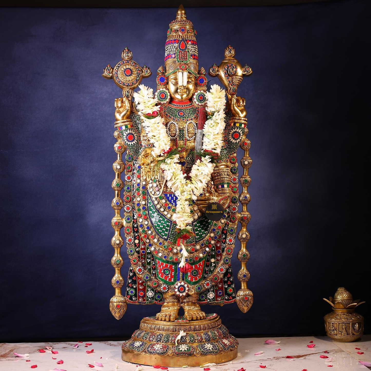 Brassaura® Venkateswara Swamy Standing Idol with Colourful Stone Finish | Pure Superfine Brass Handcrafted Murti | Brass Statue for Home Temple, Pooja Room | Height 48 Inches | Weight 49 Kgs