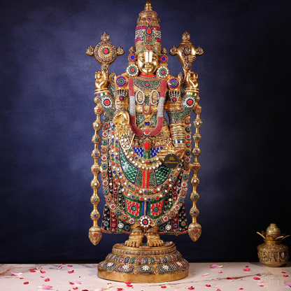 Brassaura® Venkateswara Swamy Standing Idol with Colourful Stone Finish | Pure Superfine Brass Handcrafted Murti | Brass Statue for Home Temple, Pooja Room | Height 48 Inches | Weight 49 Kgs
