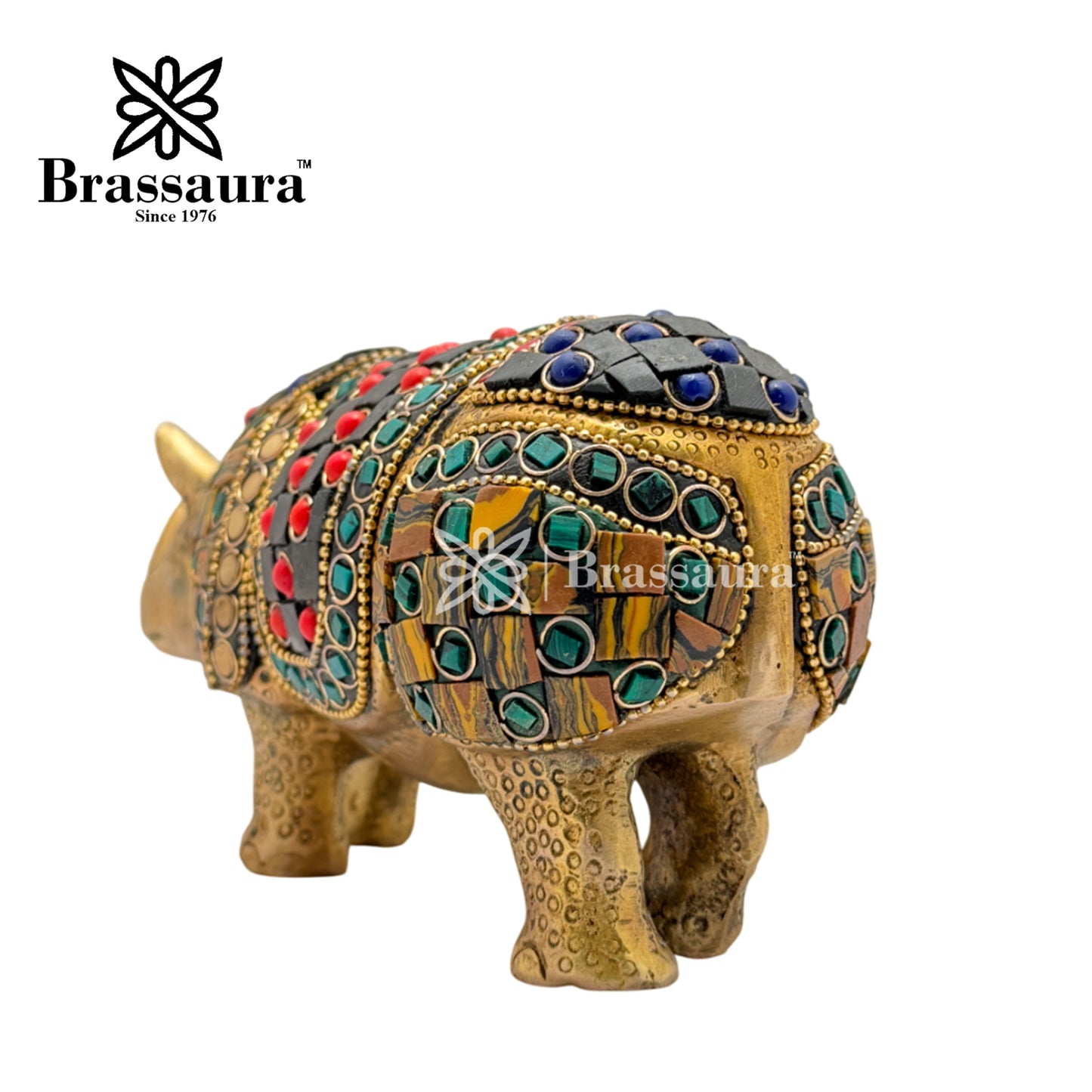 Brass Gem Stone Work Rhino Idol for Home and Decor Weight 1.3 Kg Height 9 cm